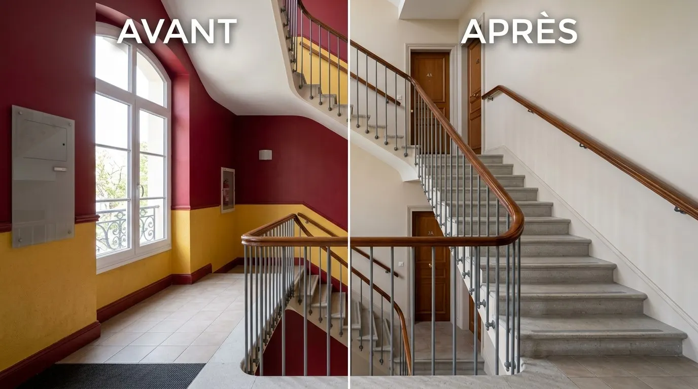 Illustration d’une cage d’escalier avant et après remise en peinture, des murs rouge et jaune au blanc