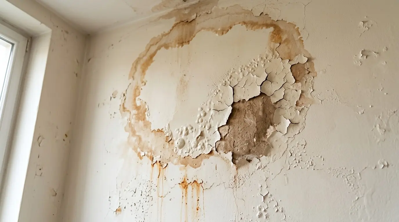 Mur taché et peinture écaillée après un dégât des eaux, avec auréole et coulures