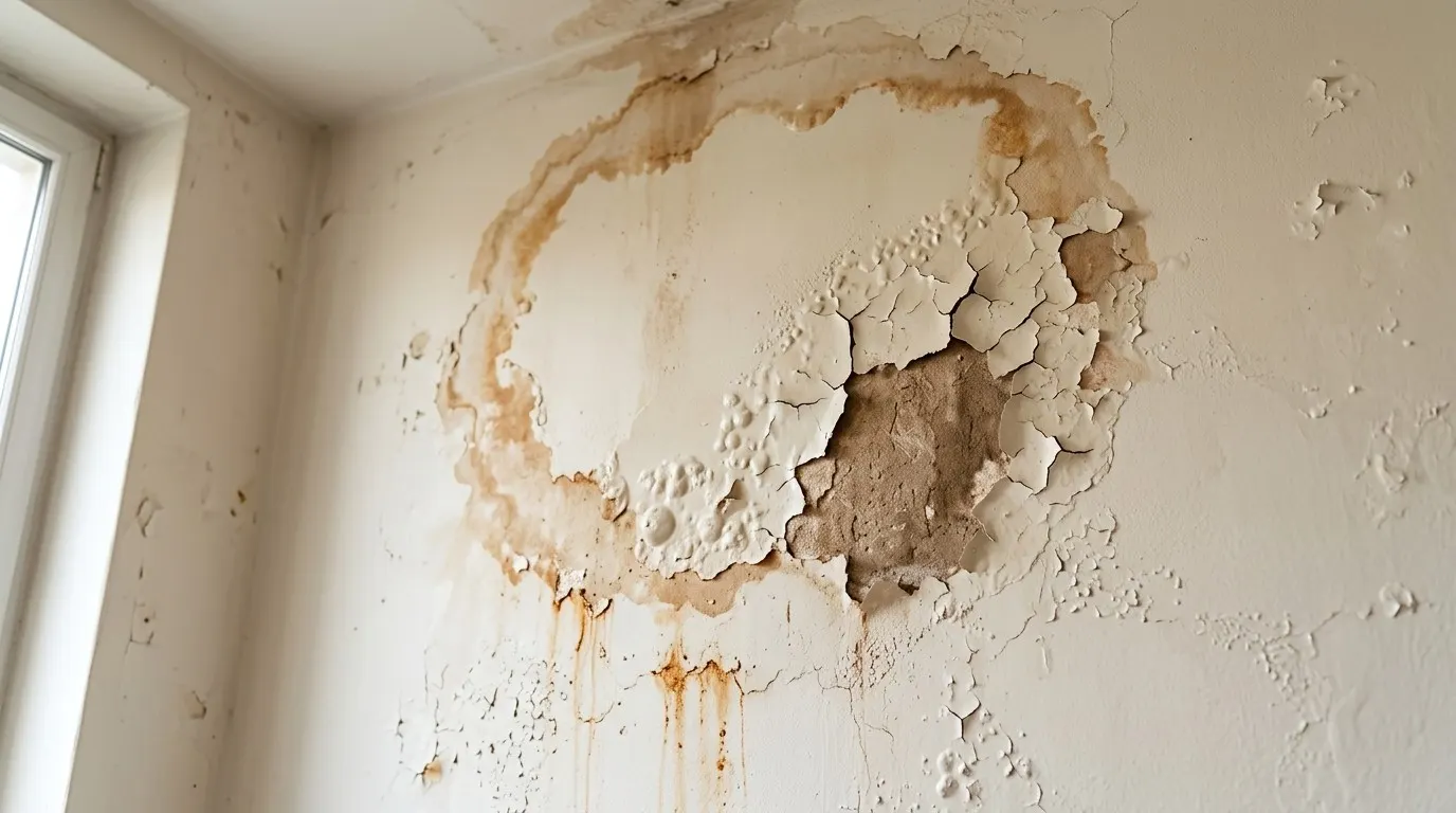 Mur taché et peinture écaillée après un dégât des eaux, avec auréole et coulures