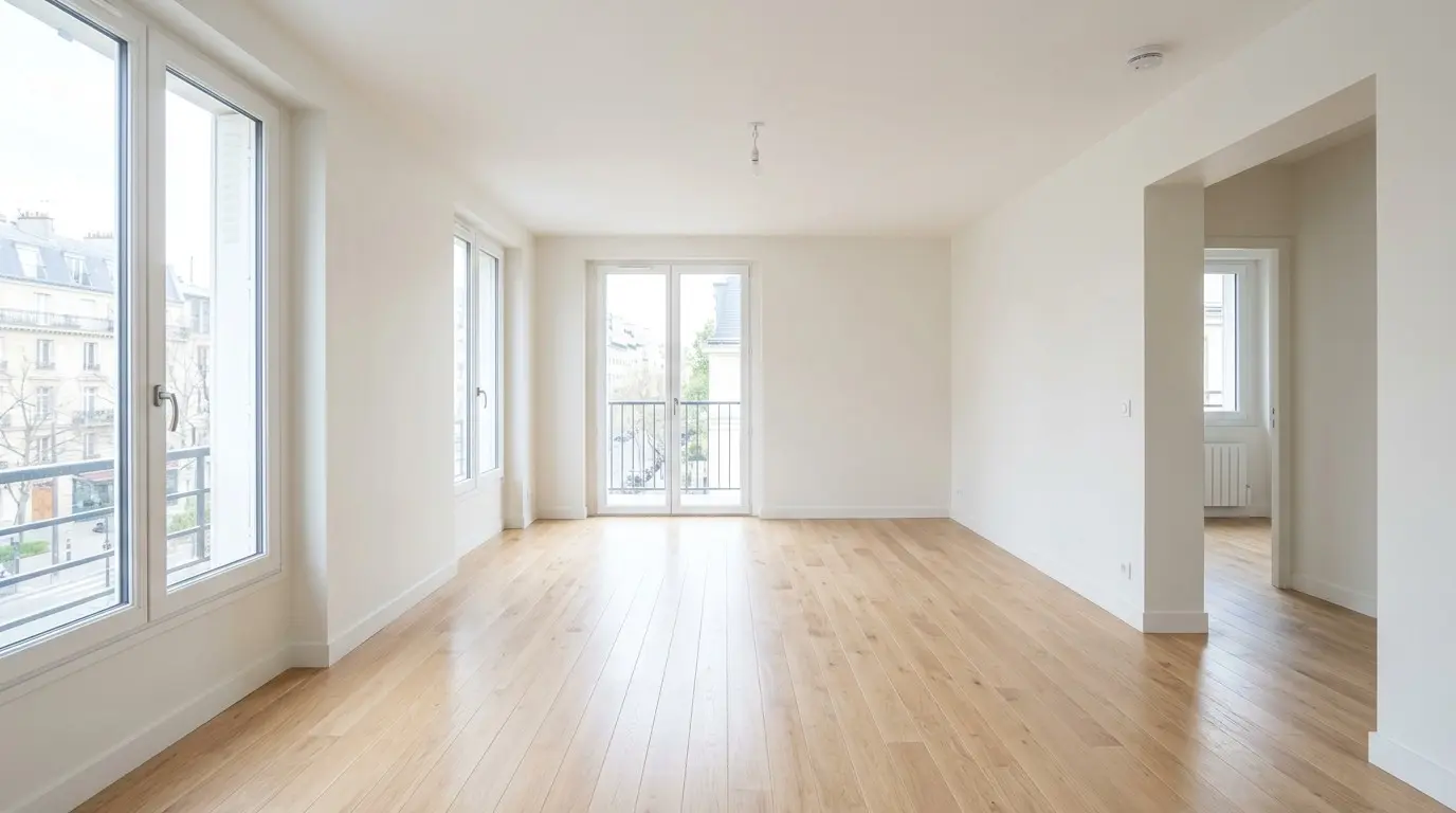 Séjour vide aux murs blancs et parquet clair, prêt pour les photos d’une annonce