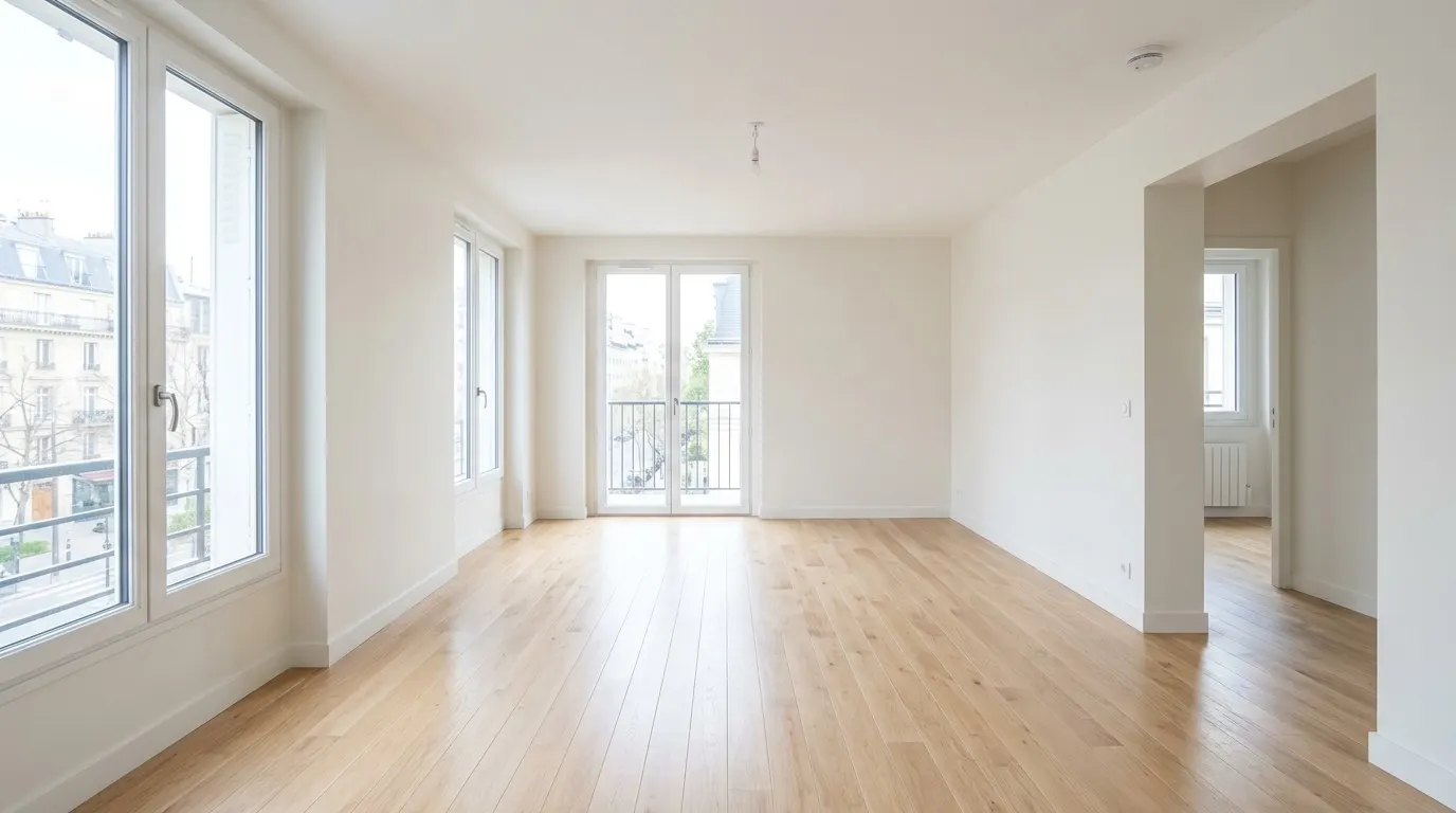 Séjour vide aux murs blancs et parquet clair, prêt pour les photos d’une annonce